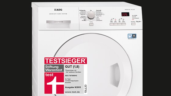 Der AEG Wärmepumpentrockner LAVATHERM T67680IH3 erhielt erneut das Testurteil "Gut" in Stiftung Warentest Ausgabe 09/2015