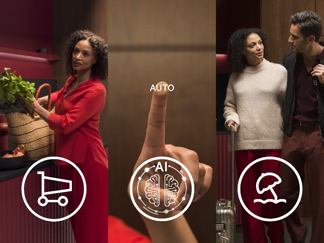 A collage image of 3 features showing Woman in kitchen, Finger selecting "auto", and a couple going on vacation.