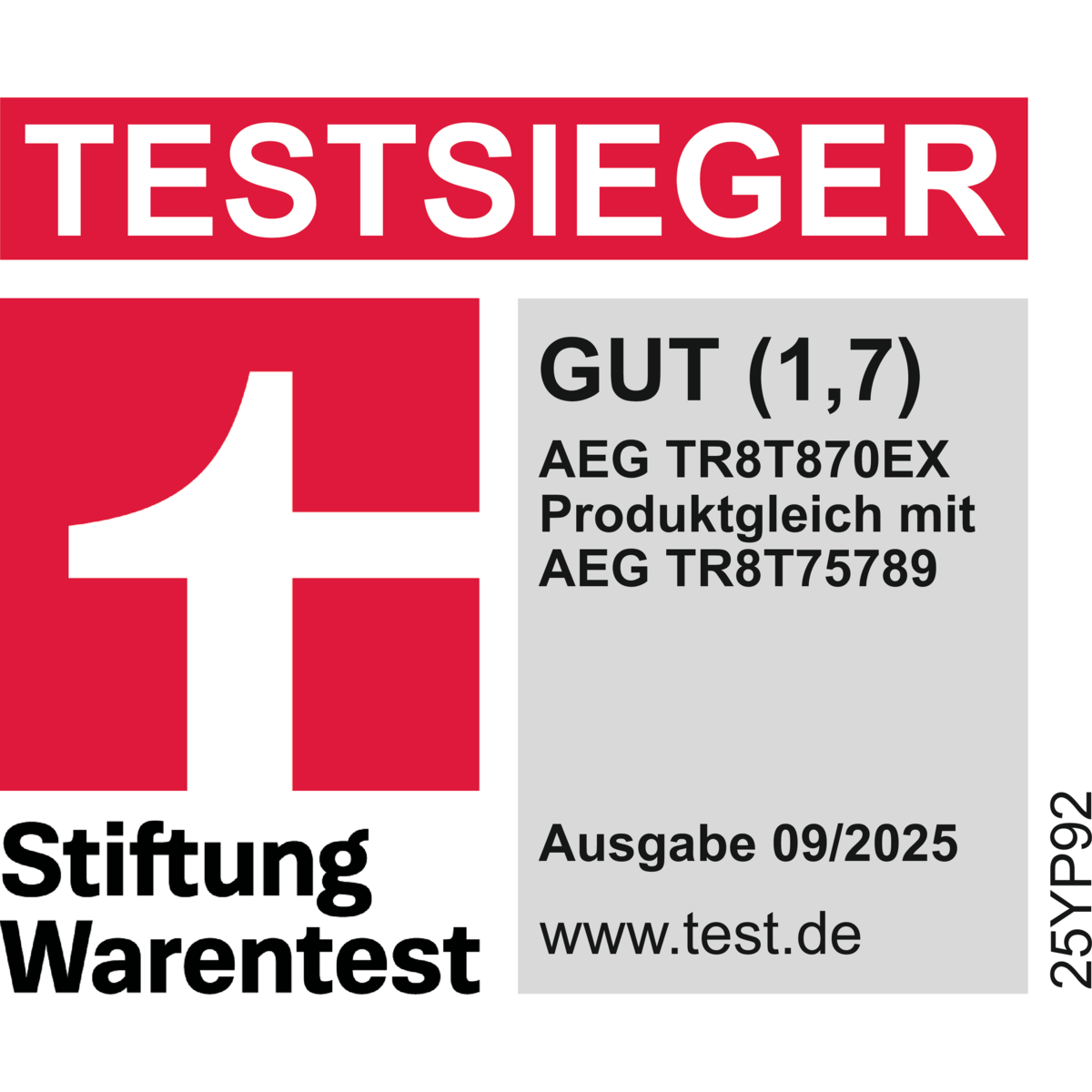 Testsieger Stiftung Warentest: AEG TR8T870EX (baugleich mit TR8T75789), Note Gut (1,7), Ausgabe 09/2025