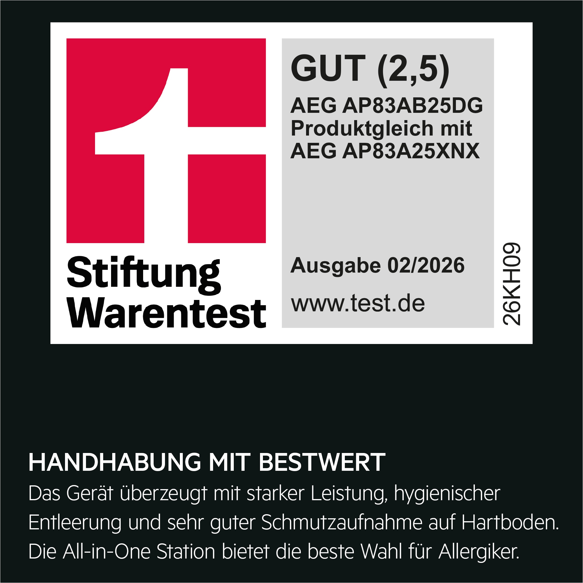 Stiftung‑Warentest‑Siegel GUT (2,5) mit Produkttext zum AEG Akku-Satubsauger, AP83A25XNX.