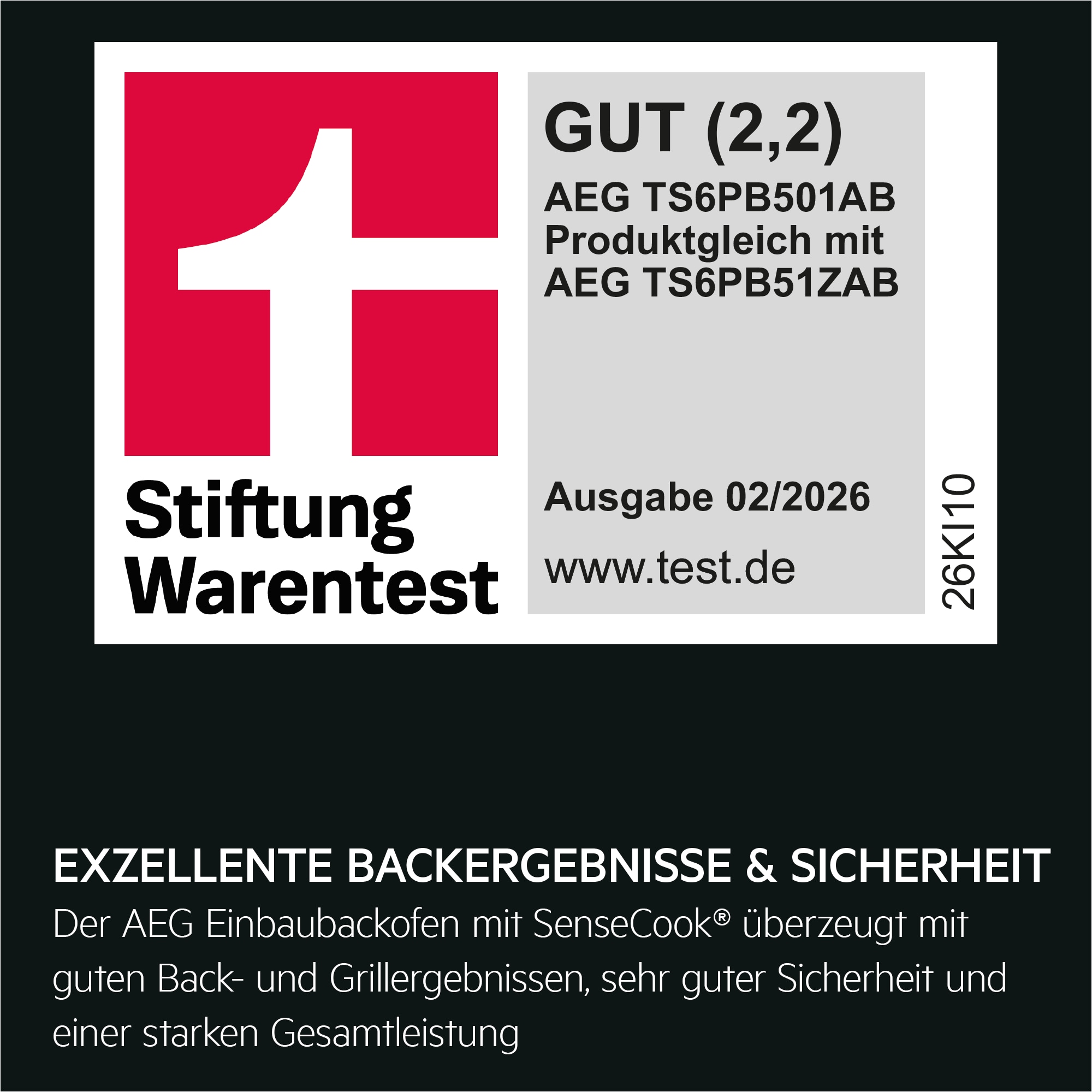 Stiftung‑Warentest‑Siegel GUT (2,2) mit Produkttext zum AEG Backofen.