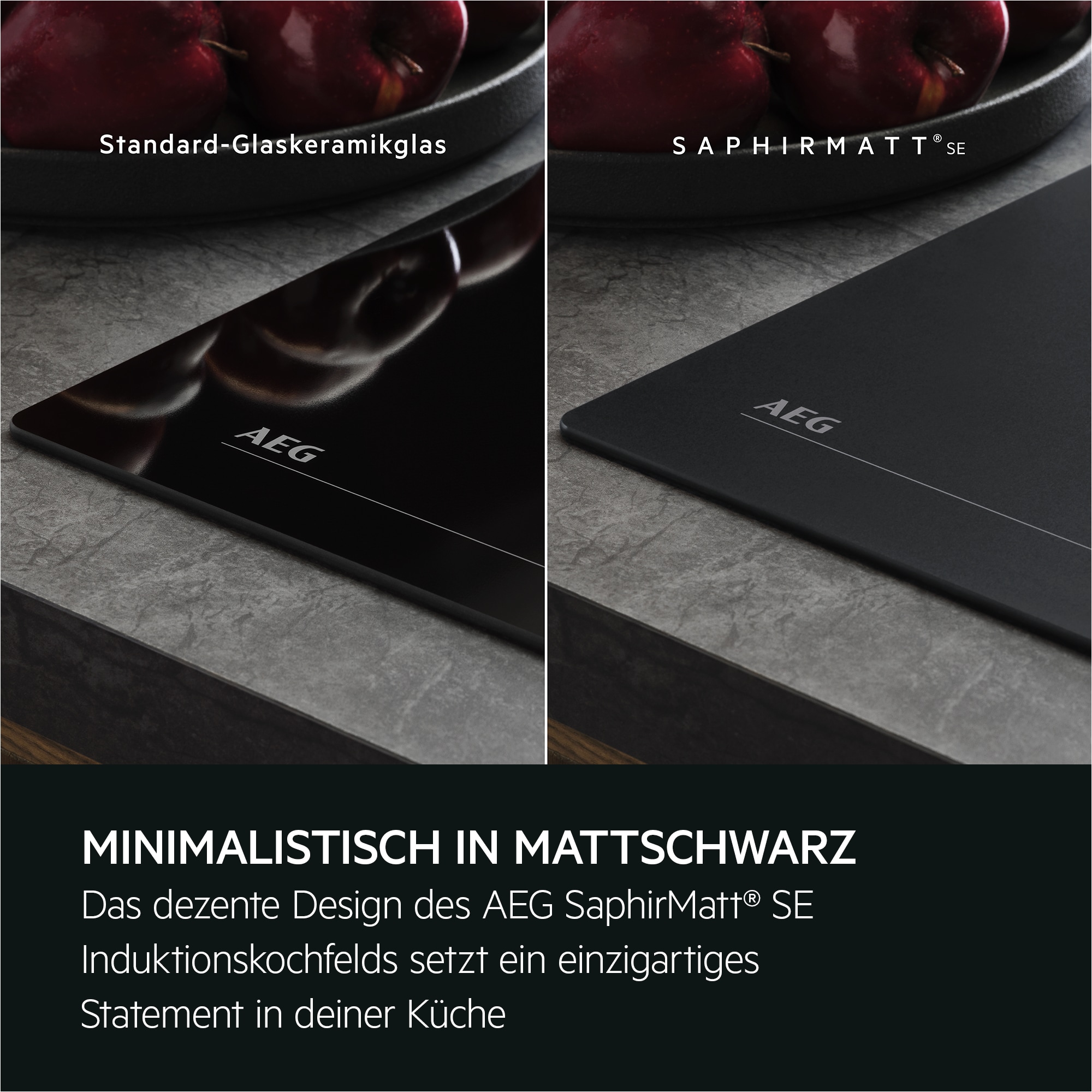 Vergleich zweier Kochfelder: glänzendes Standard-Glaskeramikglas links, mattes AEG SaphirMatt® SE rechts.