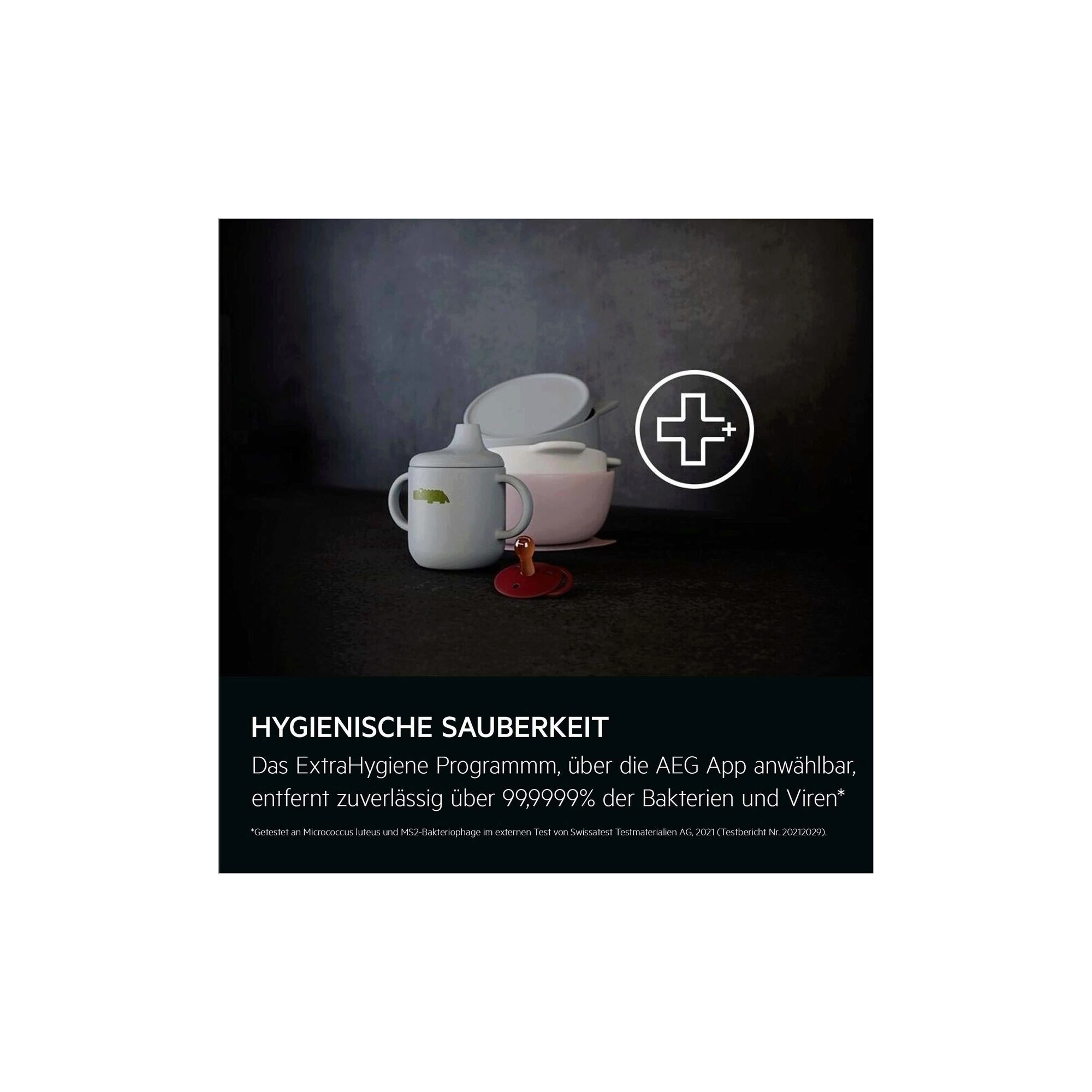 Babyflaschen und Schnuller vor grauem Hintergrund, daneben ein Hygienesymbol. Text: "HYGIENISCHE SAUBERKEIT".