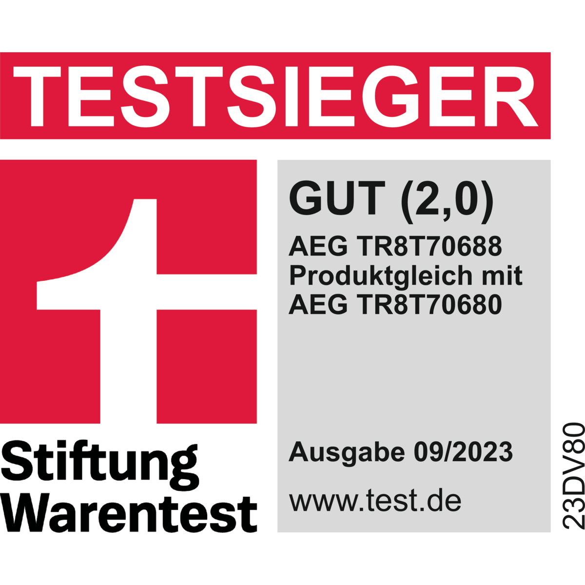 Testsieger-Logo von Stiftung Warentest für AEG TR8T70688, GUT (2,0), Ausgabe 09/2023.
