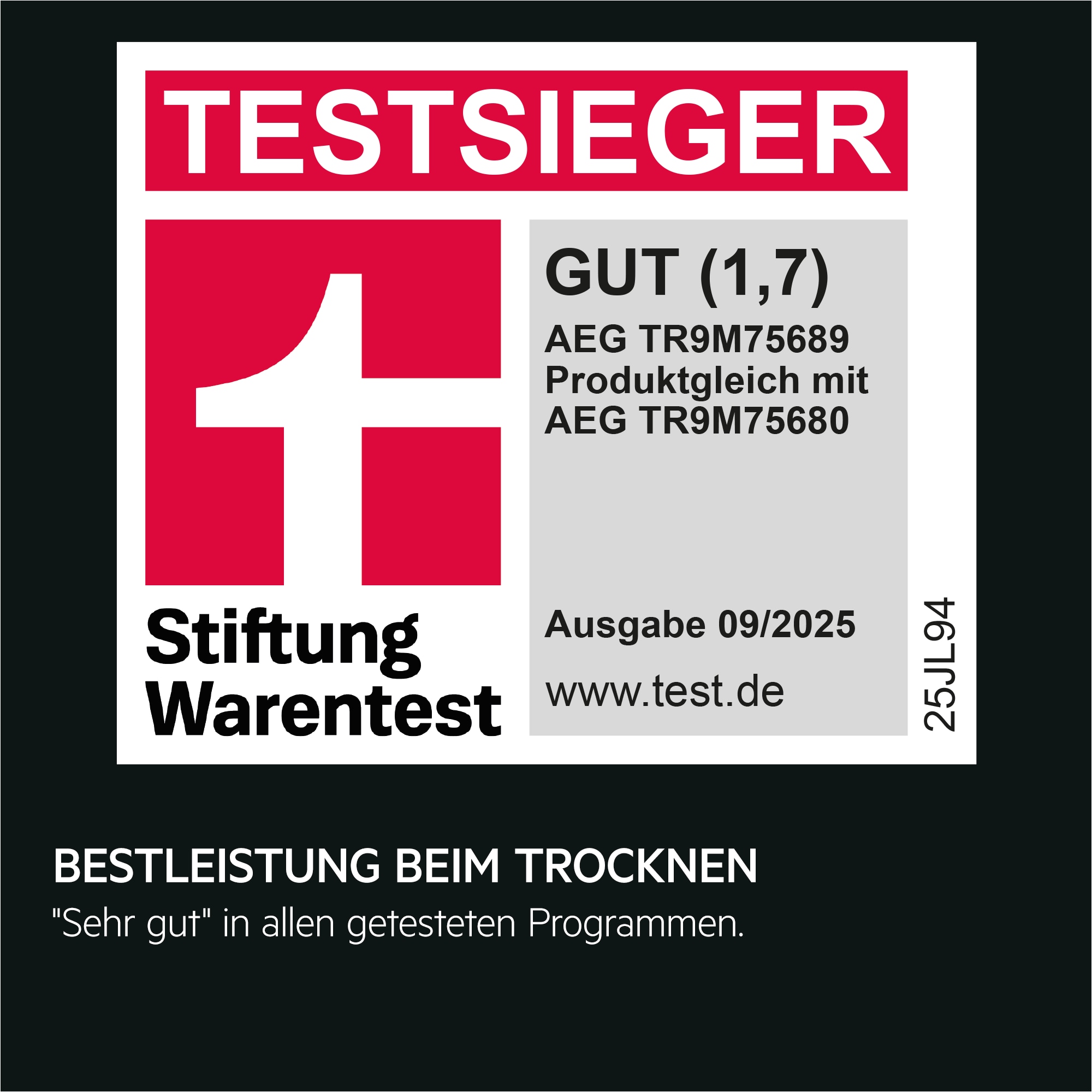 Testsieger Stiftung Warentest: AEG TR9M75689 (baugleich mit TR9M75680), Note Gut (1,7), Bestleistung beim Trocknen,‚Sehr gut‘ in allen getesteten Programmen.“ Ausgabe 09/2025, www.test.de.