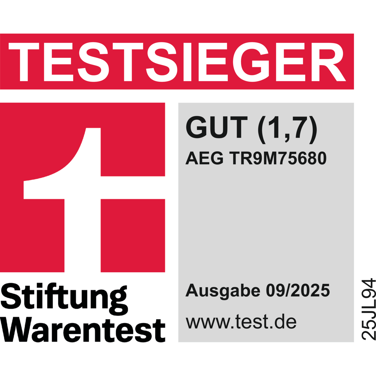 TESTSIEGER-Label von Stiftung Warentest für AEG TR9M75680, Bewertung GUT (1,7), Ausgabe 09/2025.