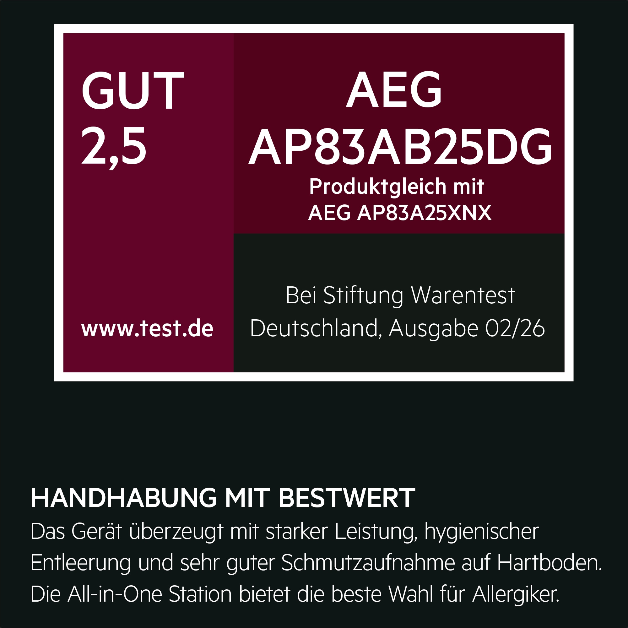Logo mit Stiftung-Warentest Testergebnis aus Deutschland AEG AP83AB25DG, GUT (2,5)  mit Produkttext zum AEG Backofen.
