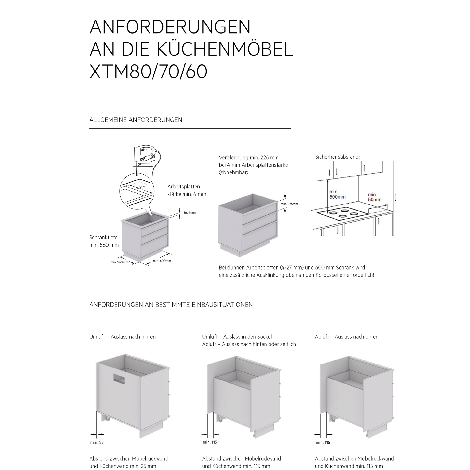 Übersicht zu allgemeinen und einbauspezifischen Anforderungen an Küchenmöbel für Muldenlüfter XTM 80/70/60 mit Maßangaben.