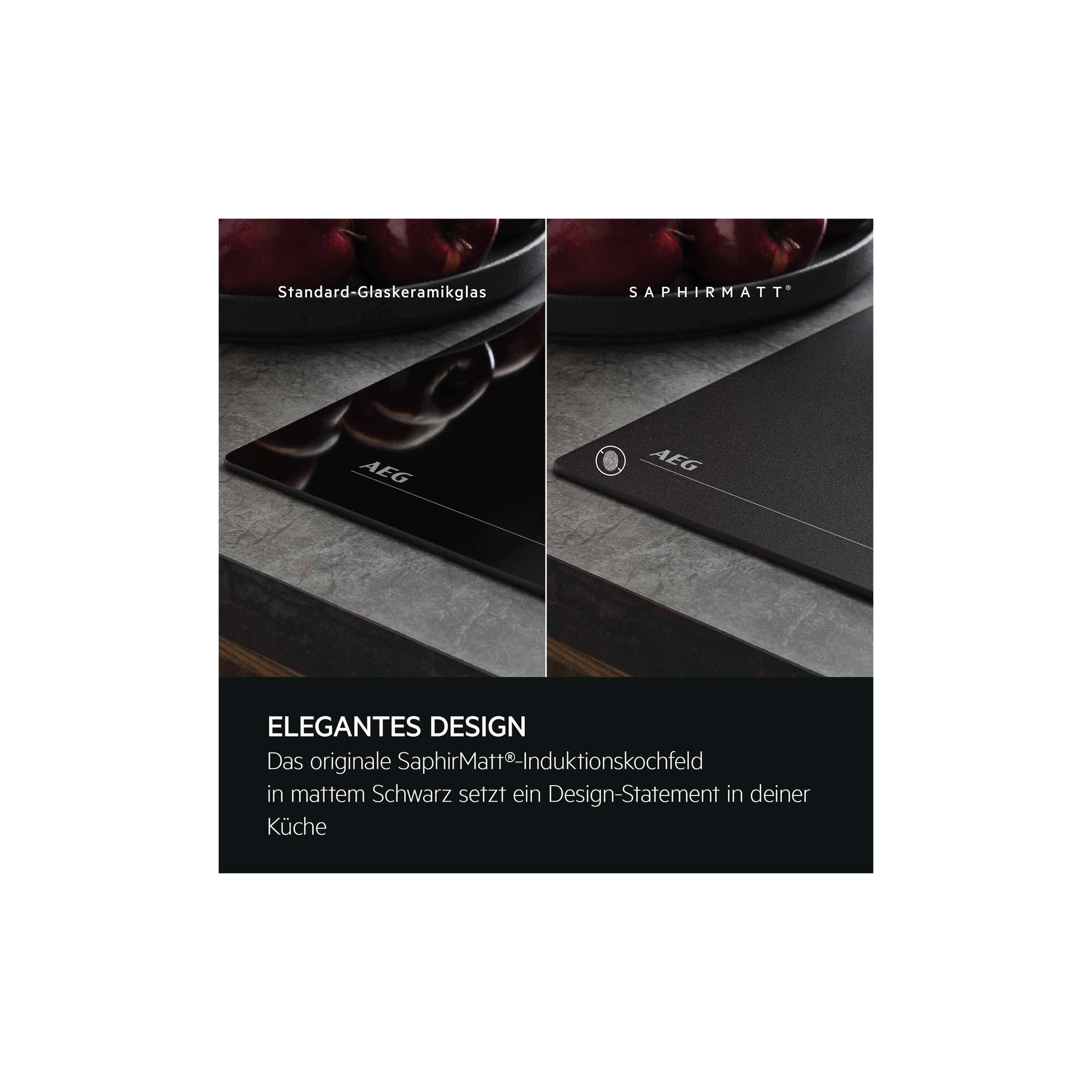 Vergleich von glänzendem Standard‑Glaskeramikglas und mattem SaphirMatt‑Kochfeld, beide mit AEG‑Logo.