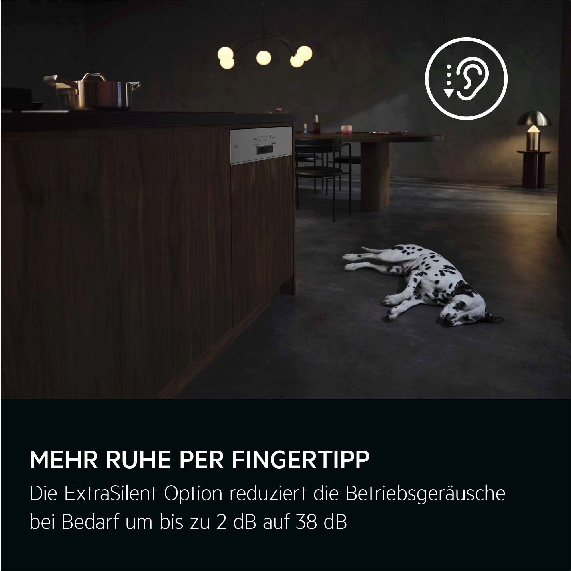 AEG Geschirrspüler in dunkler Küche mit Dalmatiner; Text: „Mehr Ruhe per Fingertipp“.