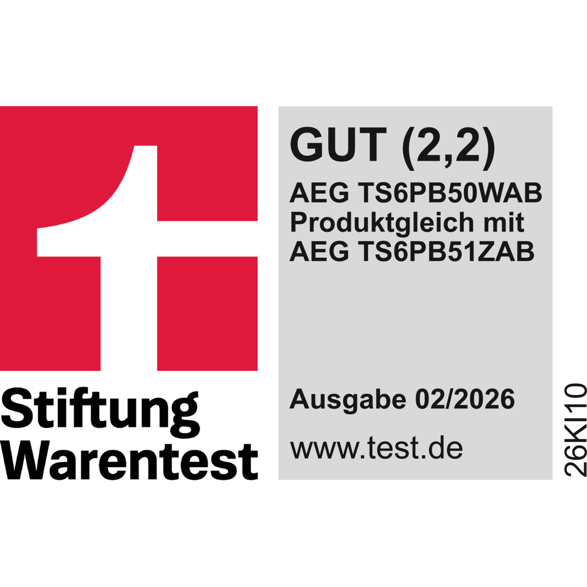 Stiftung-Warentest-Logo mit dem Urteil GUT (2,2) für AEG TS6PB50WAB, Ausgabe 02/2026.