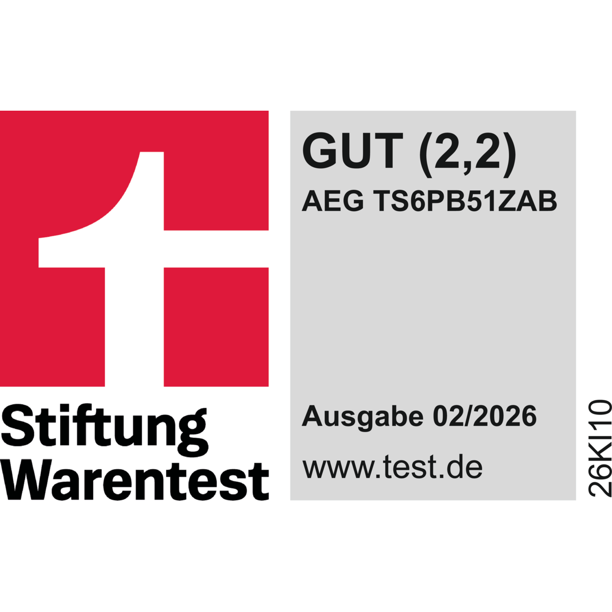Stiftung-Warentest-Logo mit dem Urteil GUT (2,2) für AEG TS6PB51ZAB, Ausgabe 02/2026.