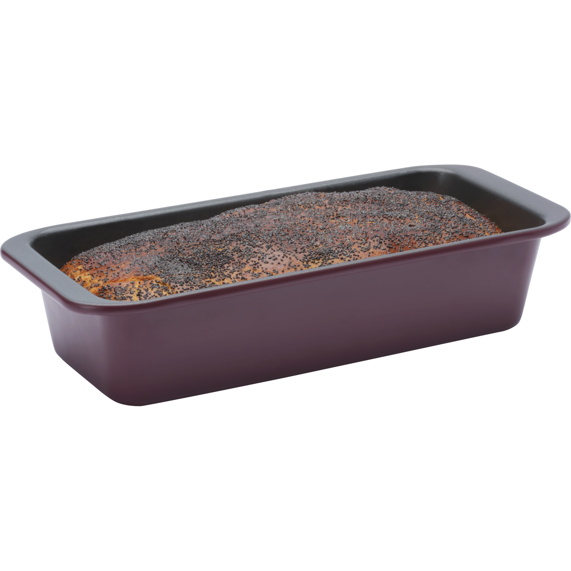 Product in use, filled with a bread loaf covered in poppy seeds