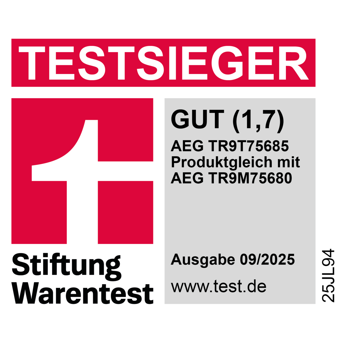 Testsieger Stiftung Warentest: AEG TR9T75685 (baugleich mit TR9M75680), Note Gut (1,7), Ausgabe 09/2025
