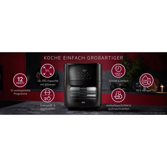 Airfryer im Zentrum, umgeben von Icons zu Programmen, Funktionen und 12‑Liter‑Kapazität; Überschrift ‚Koche einfach großartiger‘