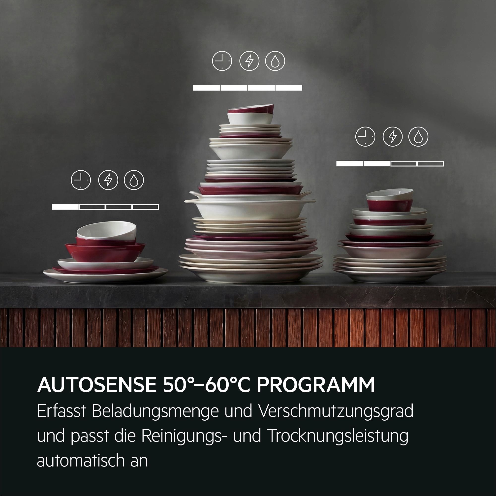 Drei unterschiedlich große Stapel aus Tellern und Schüsseln veranschaulichen die automatische Anpassung des AutoSense‑Programms.