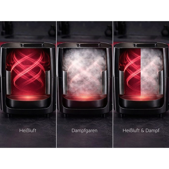 Drei Airfryer‑Darstellungen mit rot glühender Heißluft, weißem Dampf und kombinierter Heißluft‑Dampf‑Nutzung