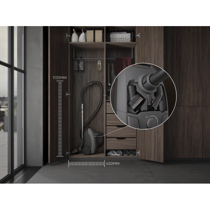 COMPACT DESIGN FOR EASY STORAGE Convenient size to fit into any home, and the accessories are stored on-board for easy access