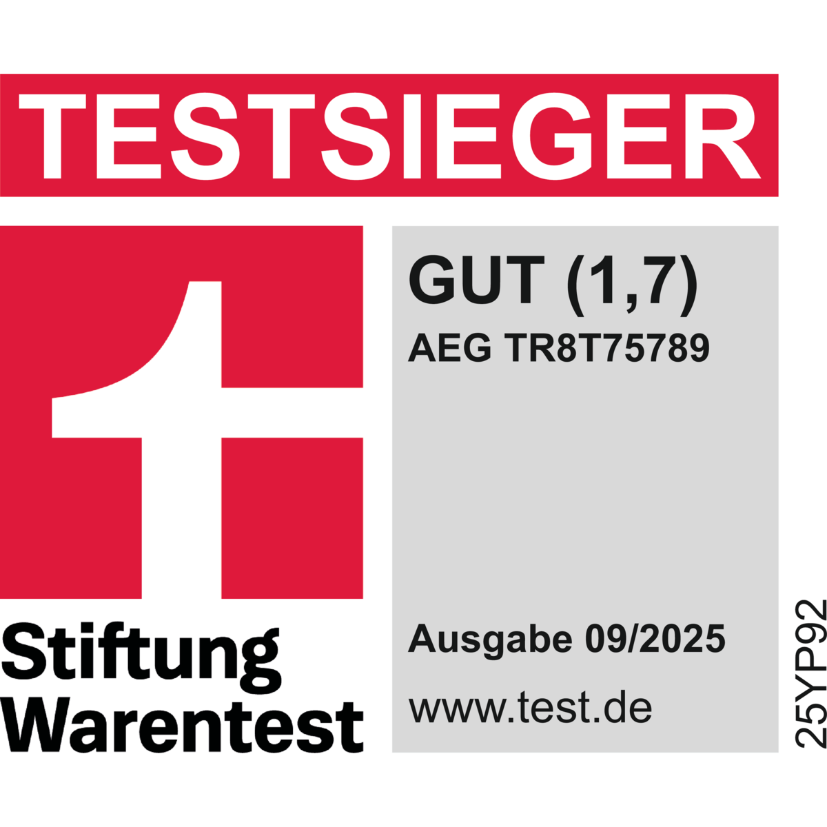 TESTSIEGER-Label von Stiftung Warentest für AEG TR8T75789, Bewertung GUT (1,7), Ausgabe 09/2025.