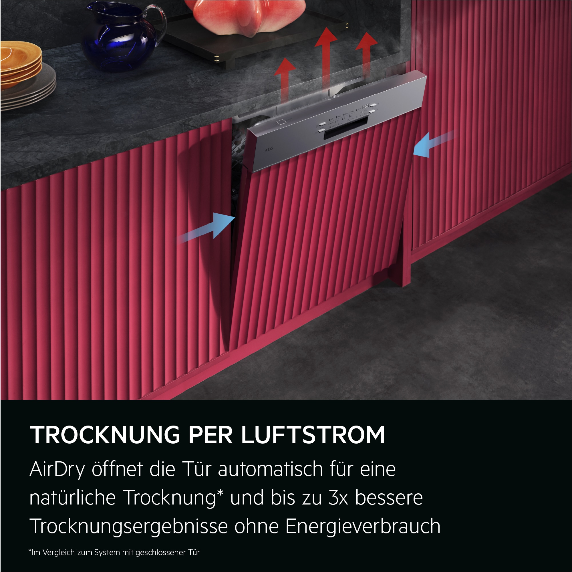 TROCKNUNG PER LUFTSTROM.
AirDry öffnet die Tür automatisch für eine natürliche Trocknung* und bis zu 3x bessere Trocknungsergebnisse ohne Energieverbrauch.
*Im Vergleich zum System bei geschlossener Tür.