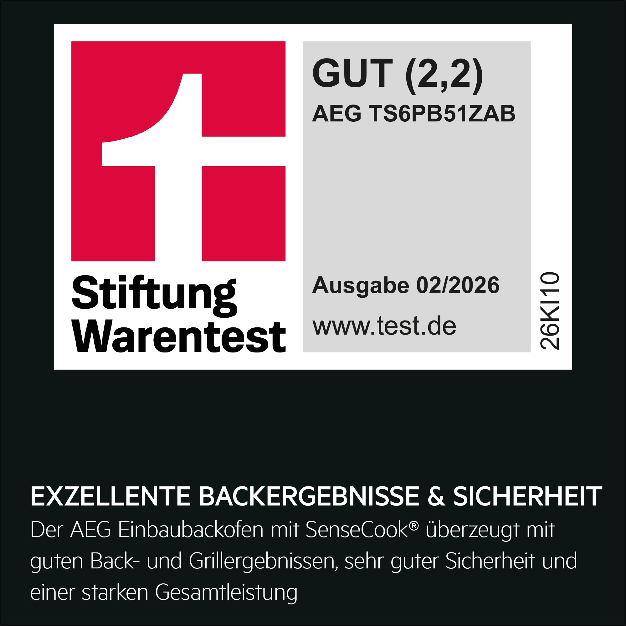 Stiftung‑Warentest‑Siegel GUT (2,2) mit Produkttext zum AEG Backofen.