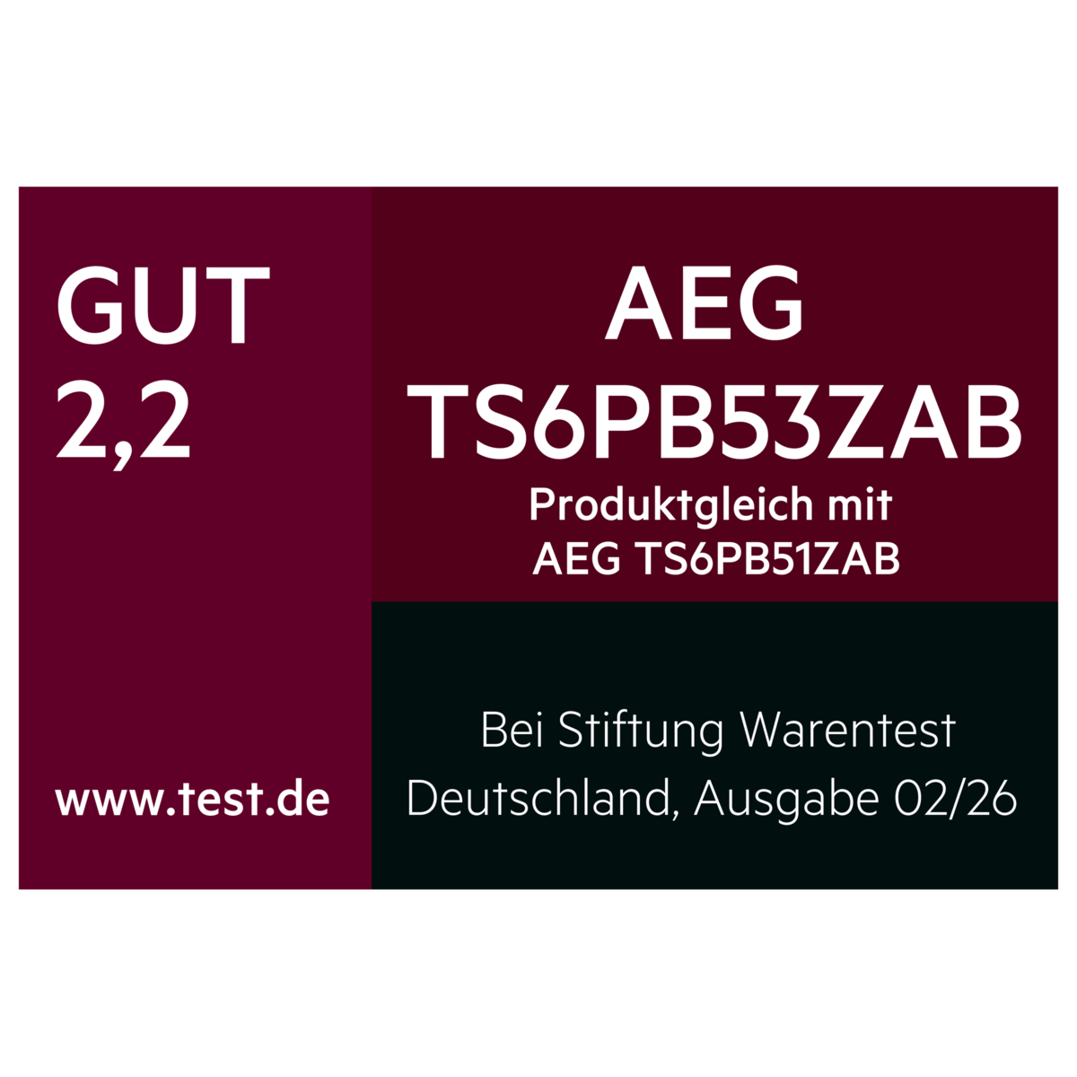 Logo mit dem Stiftung-Warentest Testergebnis aus Deutschland, GUT (2,2) fürAEG TS6PB53ZAB, Ausgabe 02/2026.