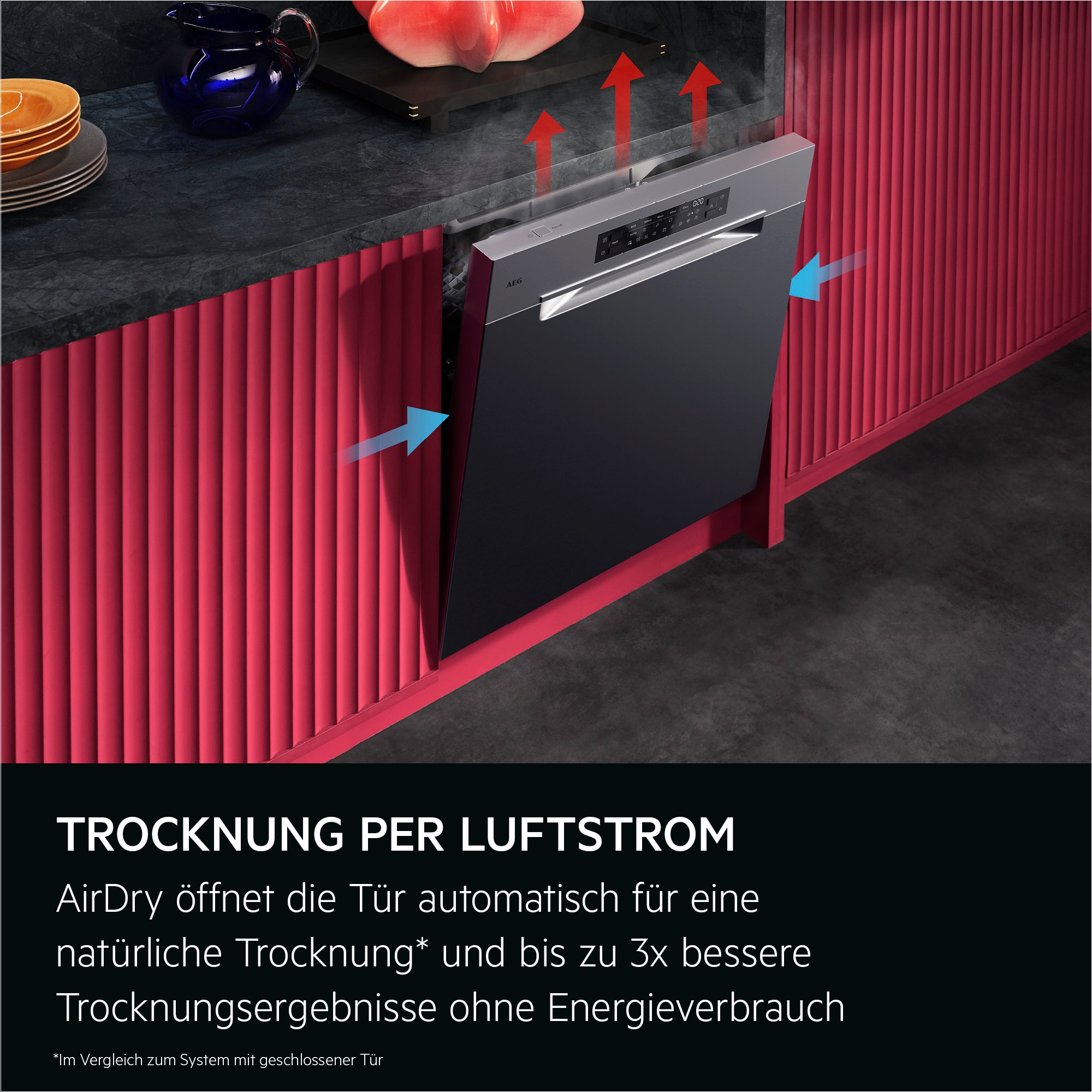 TROCKNUNG PER LUFTSTROM. 
AirDry öffnet die Tür automatisch für eine natürliche Trocknung* und bis zu 3x bessere Trocknungsergebnisse ohne Energieverbrauch.
*Im Vergleich zum System bei geschlossener Tür.