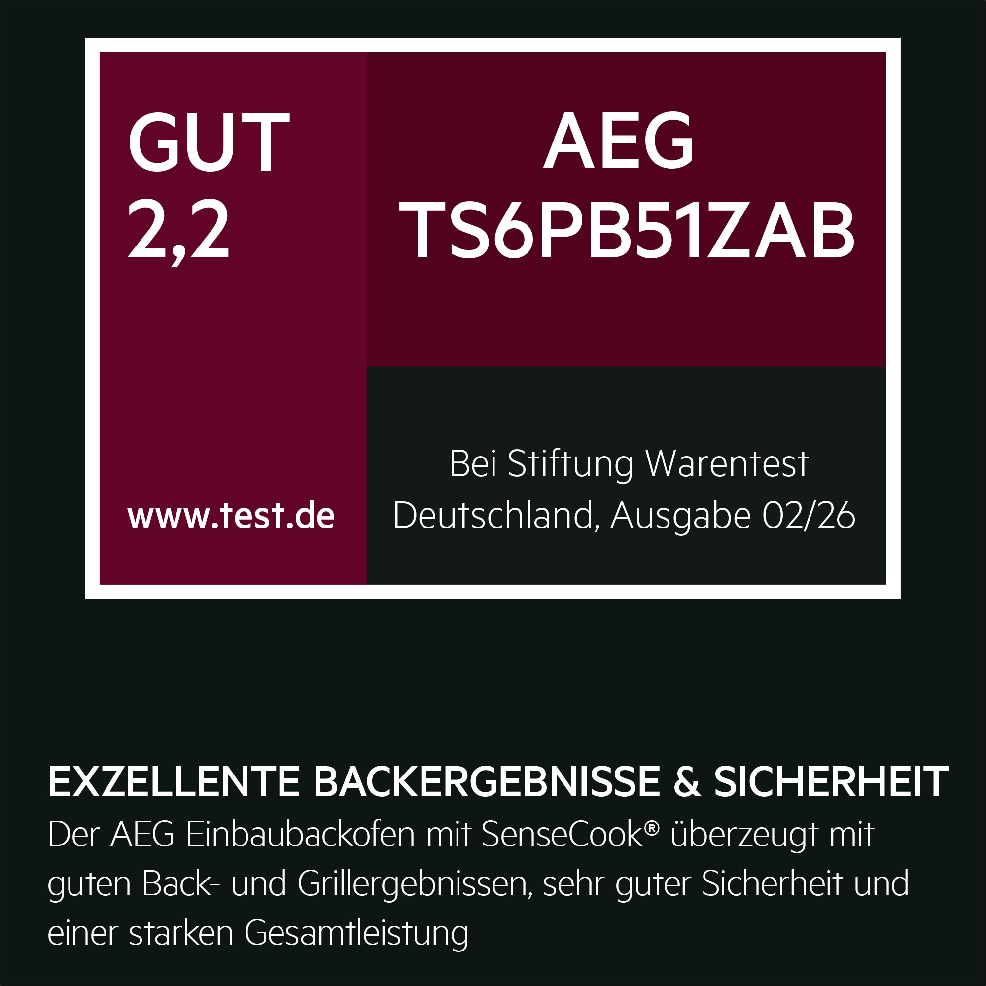 Logo mit Stiftung-Warentest Testergebnis aus Deutschland GUT (2,2) mit Produkttext zum AEG Backofen.