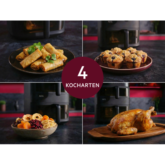 Vier Kocharten eines AEG‑Heißluftfritteuse: Frühlingsrollen, Muffins, Trockenfrüchte und ein ganzes Brathähnchen.