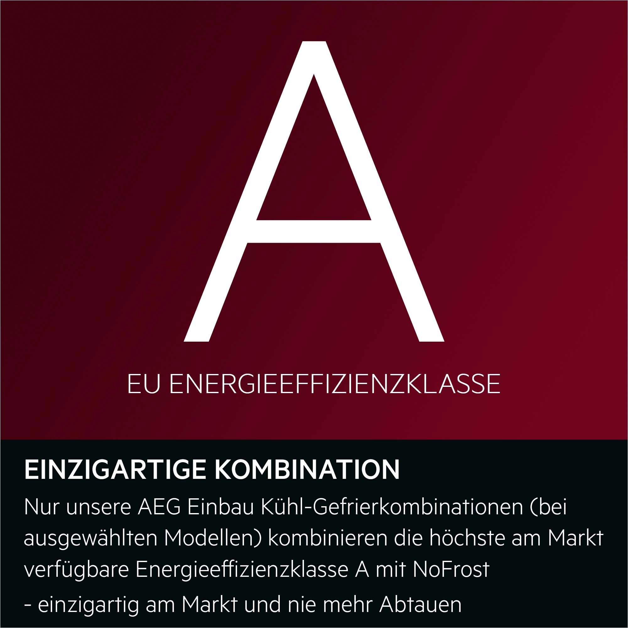 Großer Buchstabe A zeigt EU‑Energieeffizienzklasse; Text beschreibt AEG Einbau‑Kühl‑Gefrierkombinationen mit NoFrost.