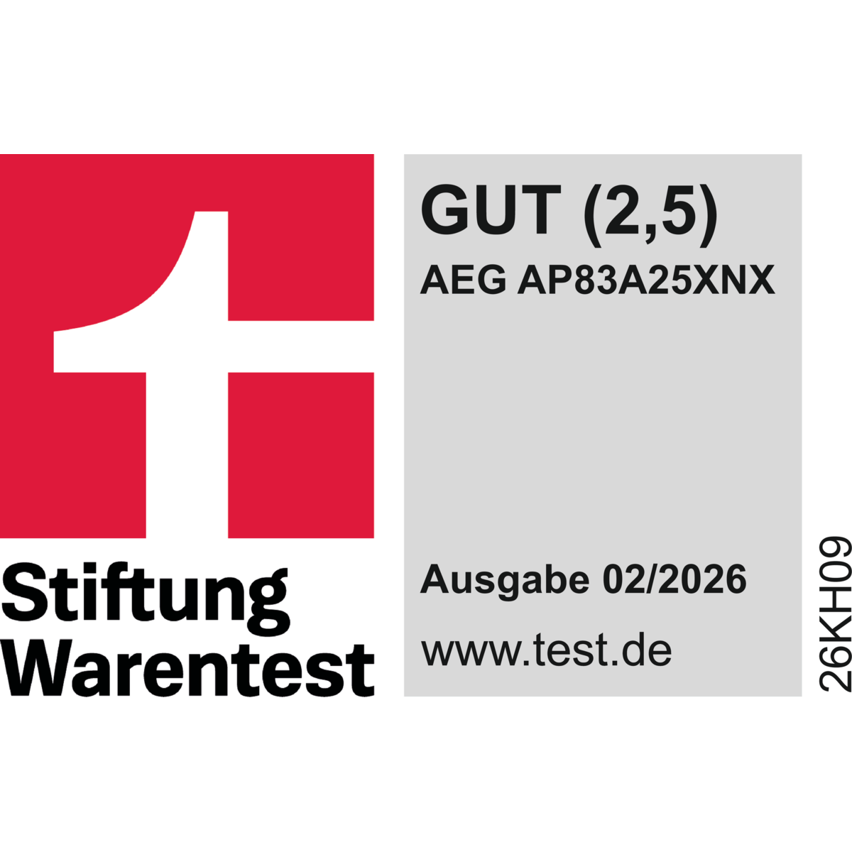 Stiftung-Warentest-Logo mit dem Urteil GUT (2,5) für AEG AP83A25XNX, Ausgabe 02/2026.