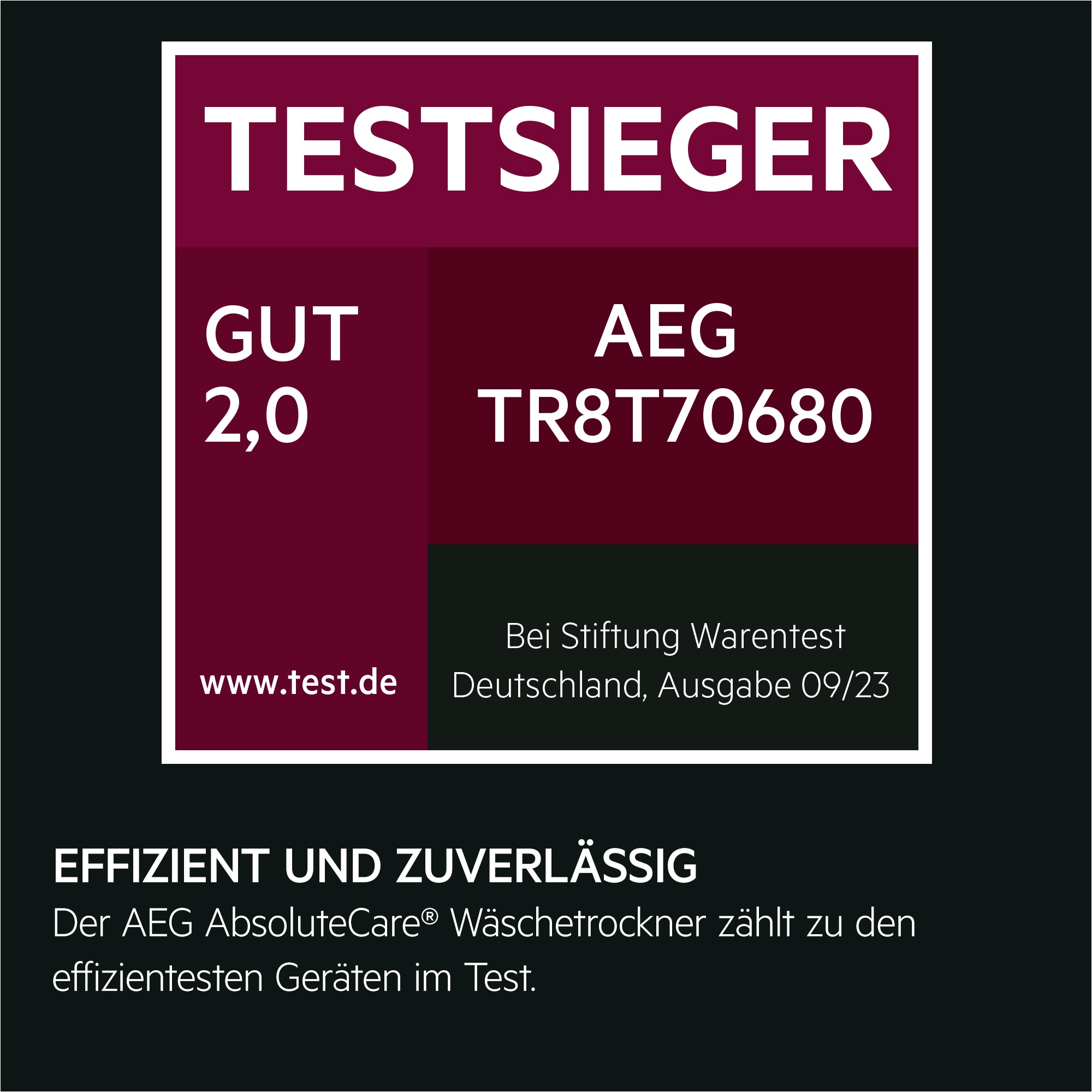 Testsieger Stiftung Warentest: AEG TR8T70680, Note Gut (2,0), effizient und zuverlässig, Ausgabe 09/2023.