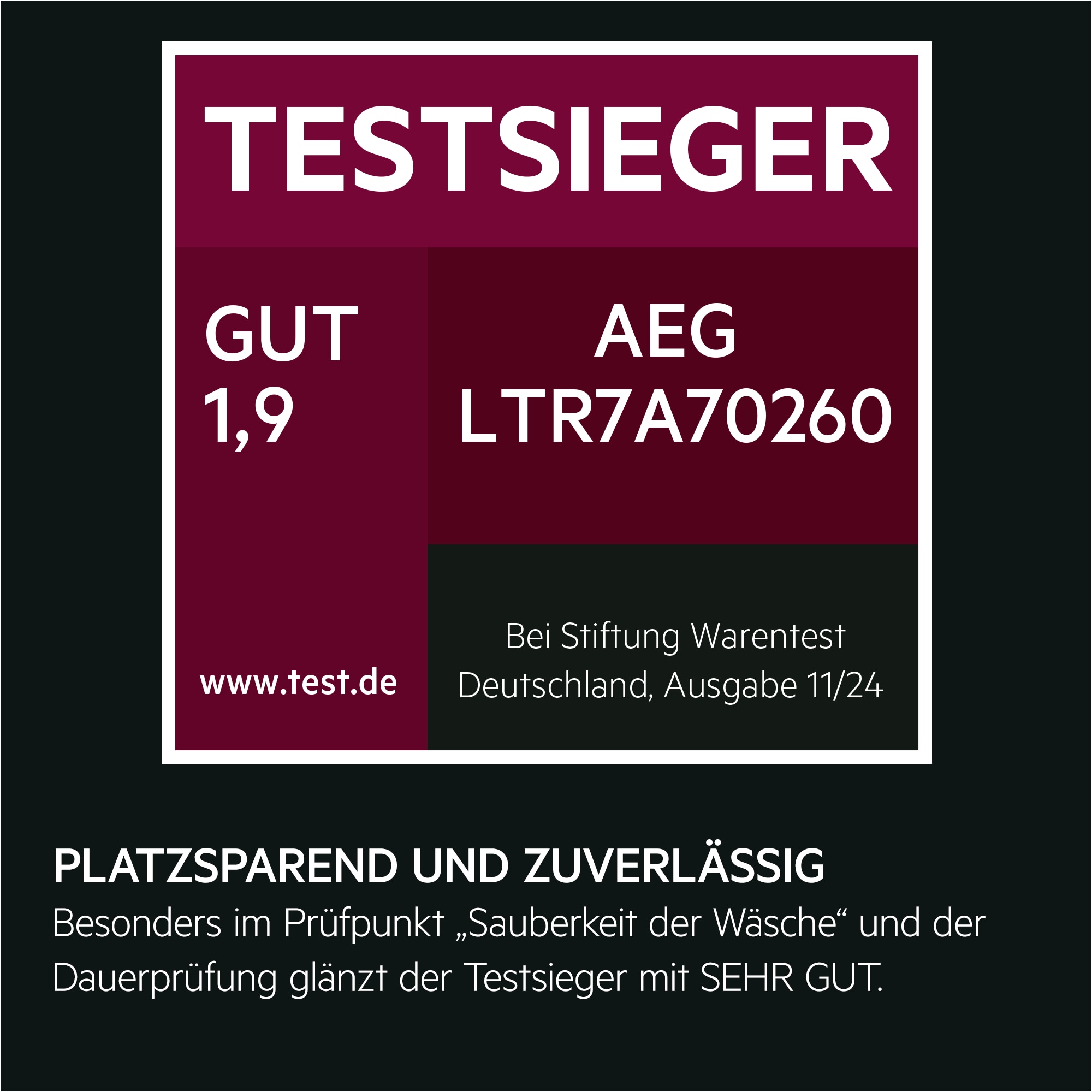 Testsieger AEG LTR7A70260, Note GUT 1,9 bei Stiftung Warentest, Ausgabe 11/24.
