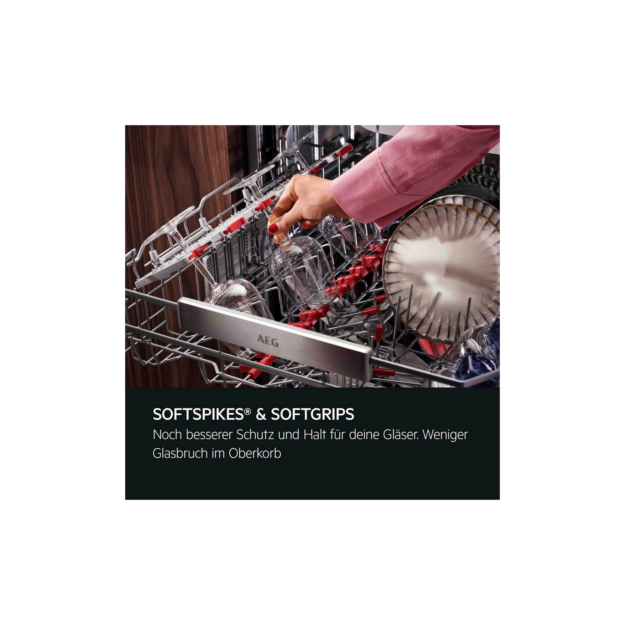 AEG-Geschirrspüler mit SoftSpikes® und SoftGrips® für sicheren Halt und Schutz von Gläsern.