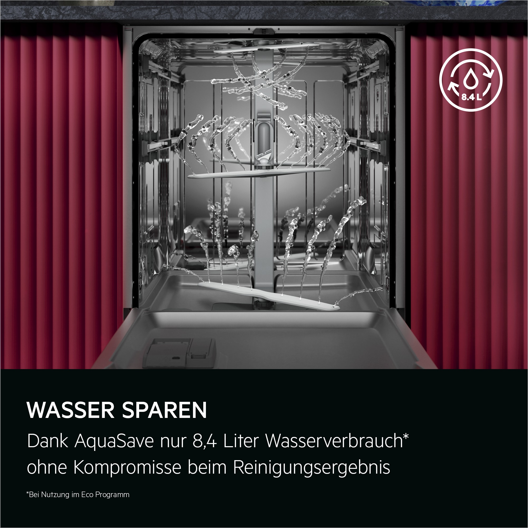 WASSER SPAREN. Dank AquaSave nur 8,4 l Wasserverbrauch* ohne Kompromisse beim Reinigungsergebnis.
*Im Eco Programm.
