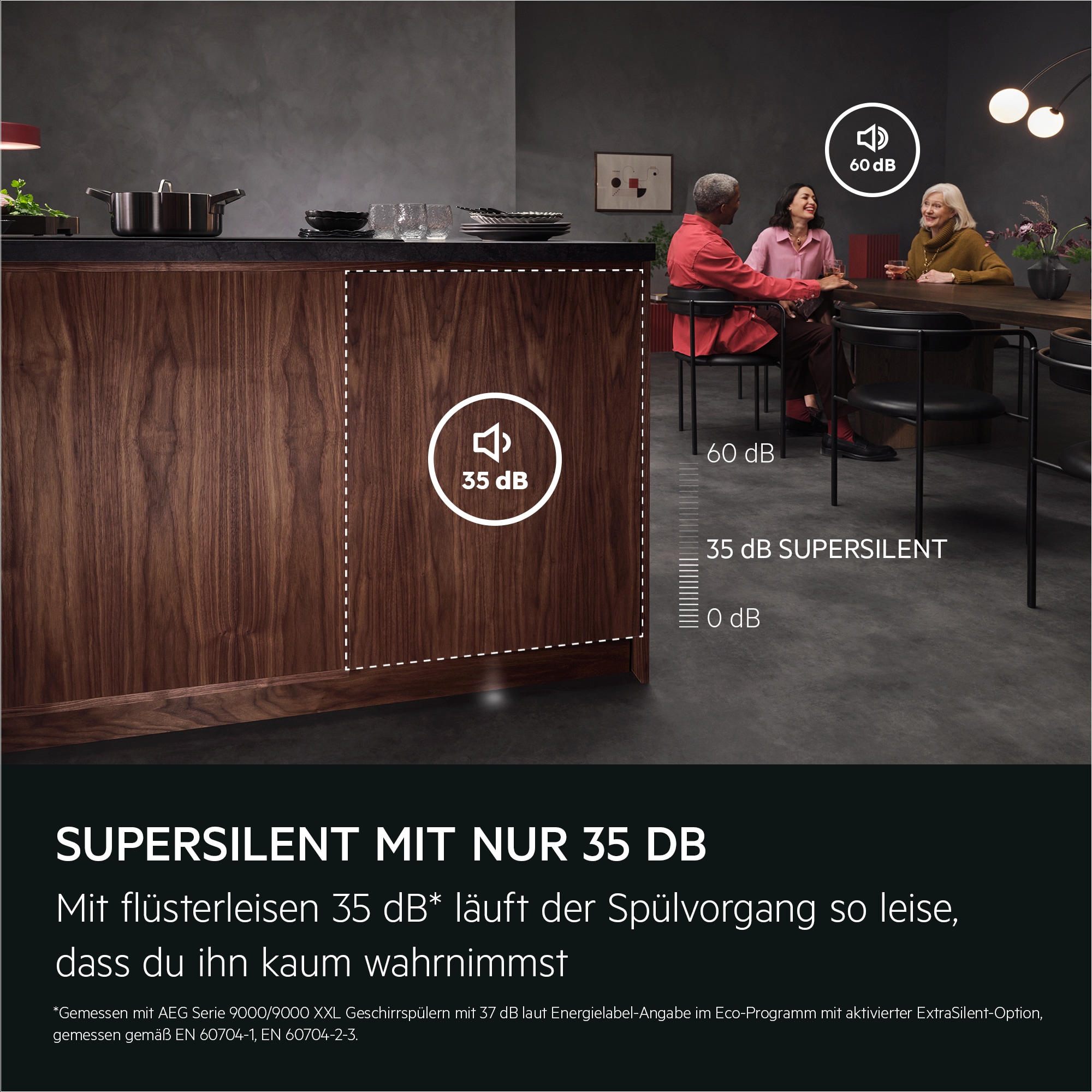 SUPERSILENT. 35 dB Mit flüsterleisen 35 dB* läuft der Spülvorgang so leise, dass du ihn kaum wahrnimmst.
*Basierend auf den Modellen 9000/9000 XXL mit 37 dB auf der Energielabel-Deklaration bei Verwendung des Eco-Zyklus mit der ExtraSilent-Option, gemessen nach EN 60704-1, EN60704-2-3.