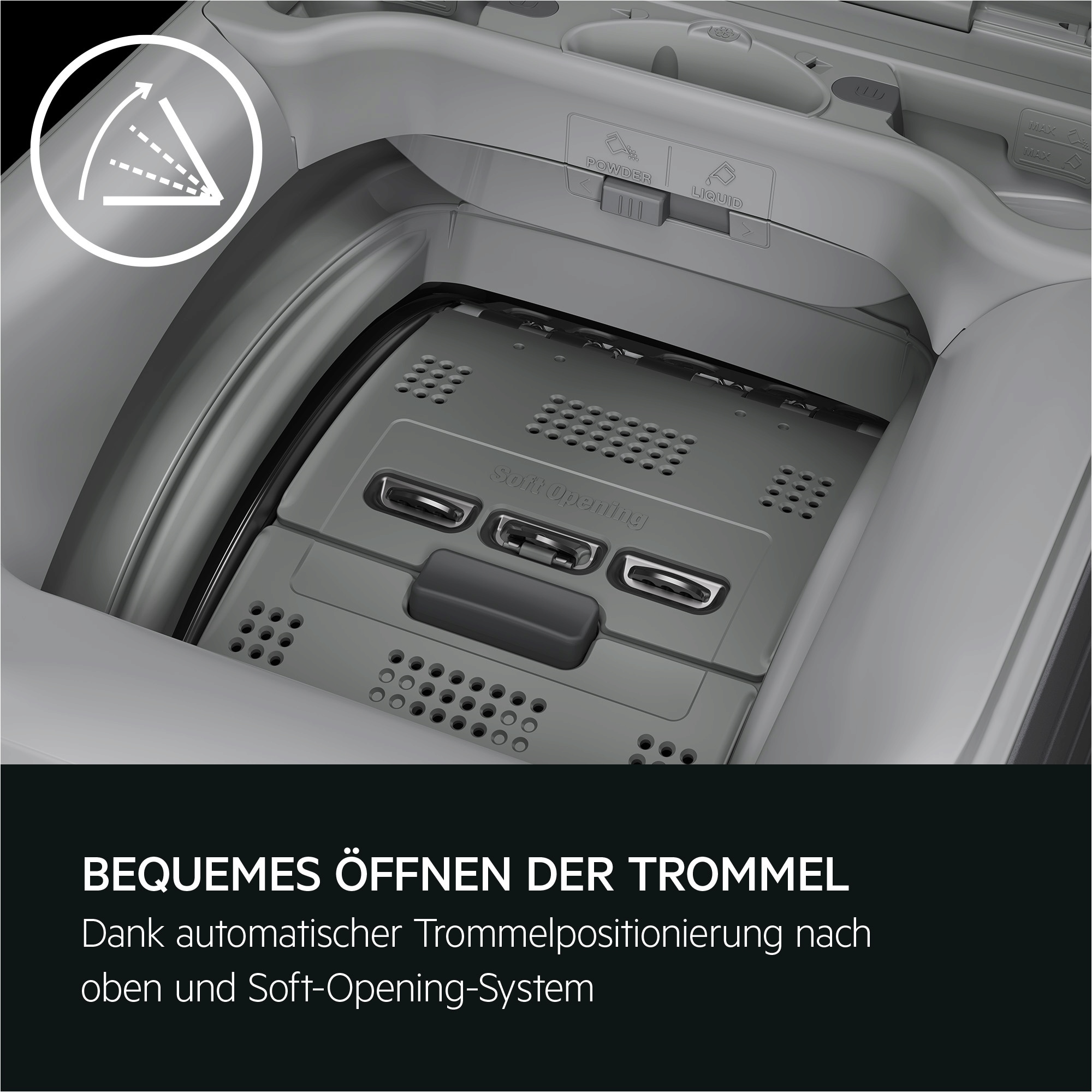 „Geöffnete Toplader-Trommel in Matt Black mit Soft-Opening-System und nach oben ausgerichteter Trommelposition.“
