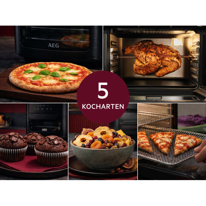 Collage mit Pizza, Grillhähnchen, Muffins, Trockenobst und Pizzastücken; zentral Kreis mit Text ‚5 Kocharten‘.
