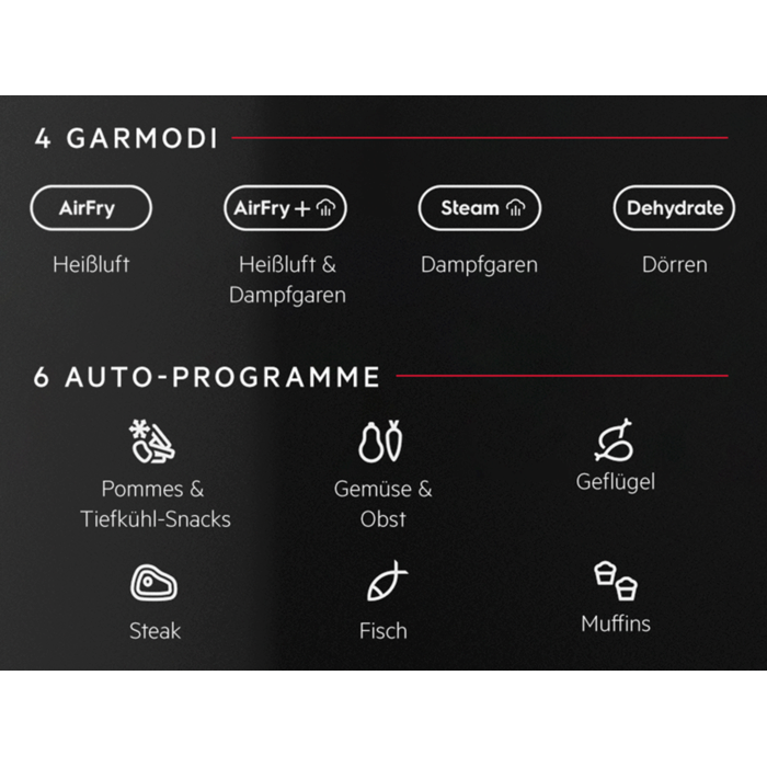 Übersicht zu vier Gar­modi und sechs Auto‑Programmen eines Airfryers mit Icons und Beschriftungen