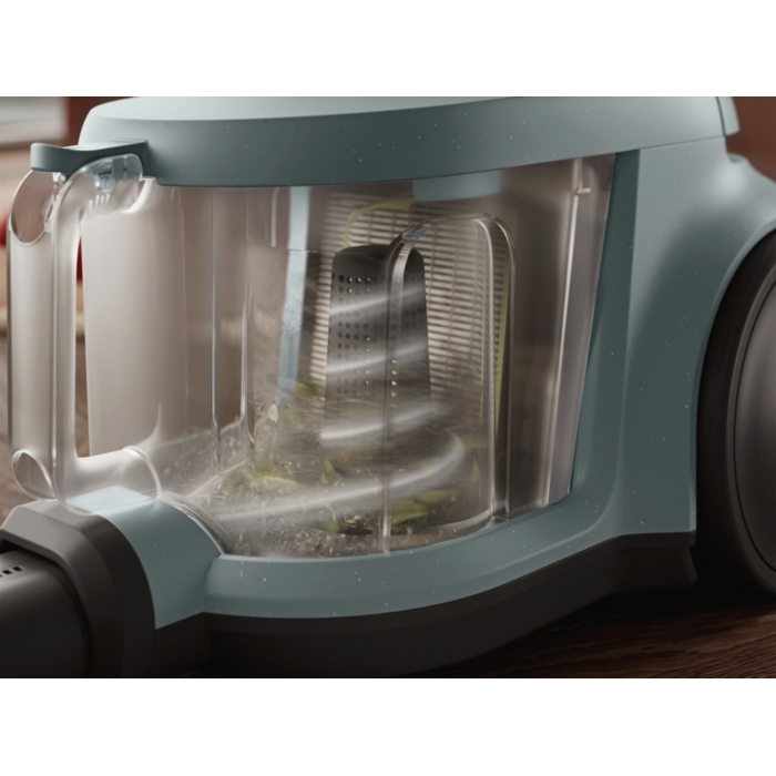 Vacuum cleaner with cyclone separator for efficient cleaning with less frequent bin emptying.*Based on internal test according to IEC 62885-2 edition 2.0.5.1.5, 10 & 5.12