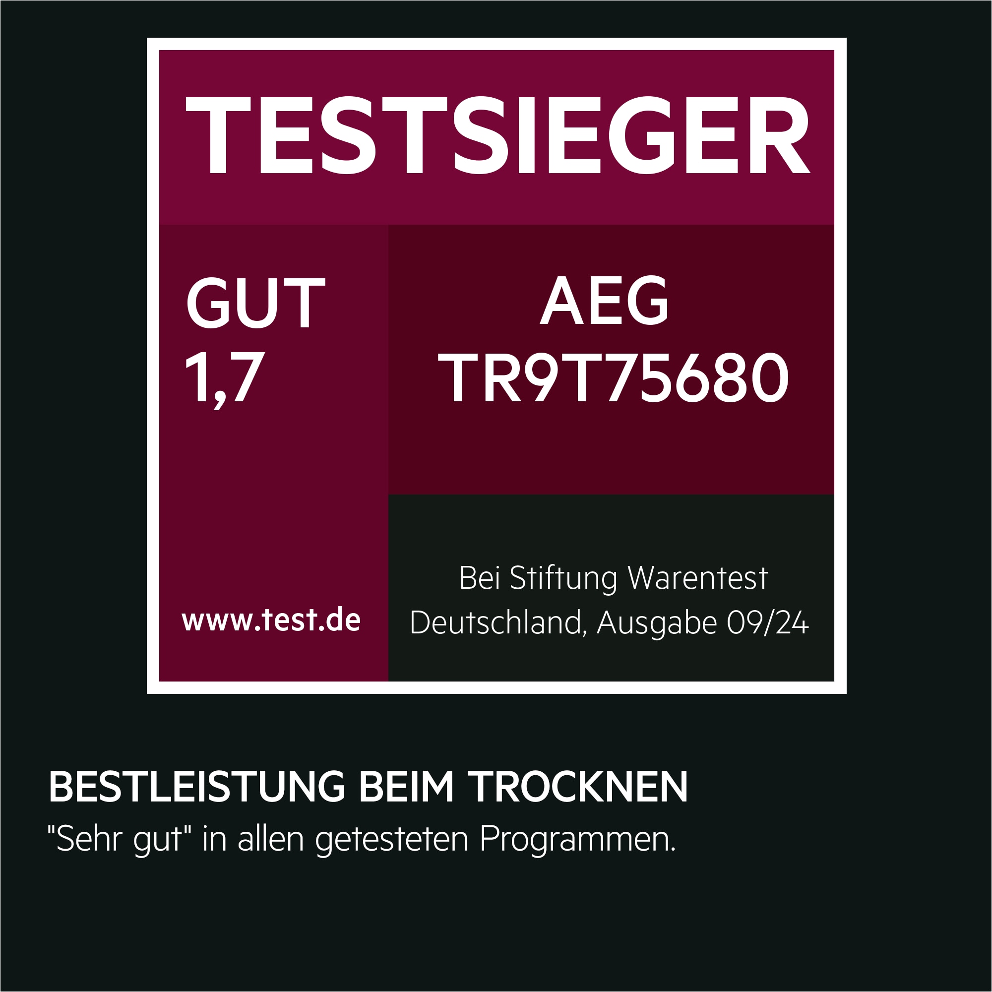 TESTSIEGER-Siegel für AEG TR9T75680, GUT (1,7), Bestleistung beim Trocknen,‚Sehr gut‘ in allen getesteten Programmen.“ Ausgabe 09/2024, www.test.de.
