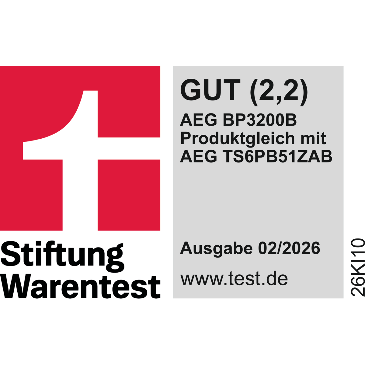 Stiftung-Warentest-Logo mit dem Urteil GUT (2,2) für AEG BP3200B, Ausgabe 02/2026.