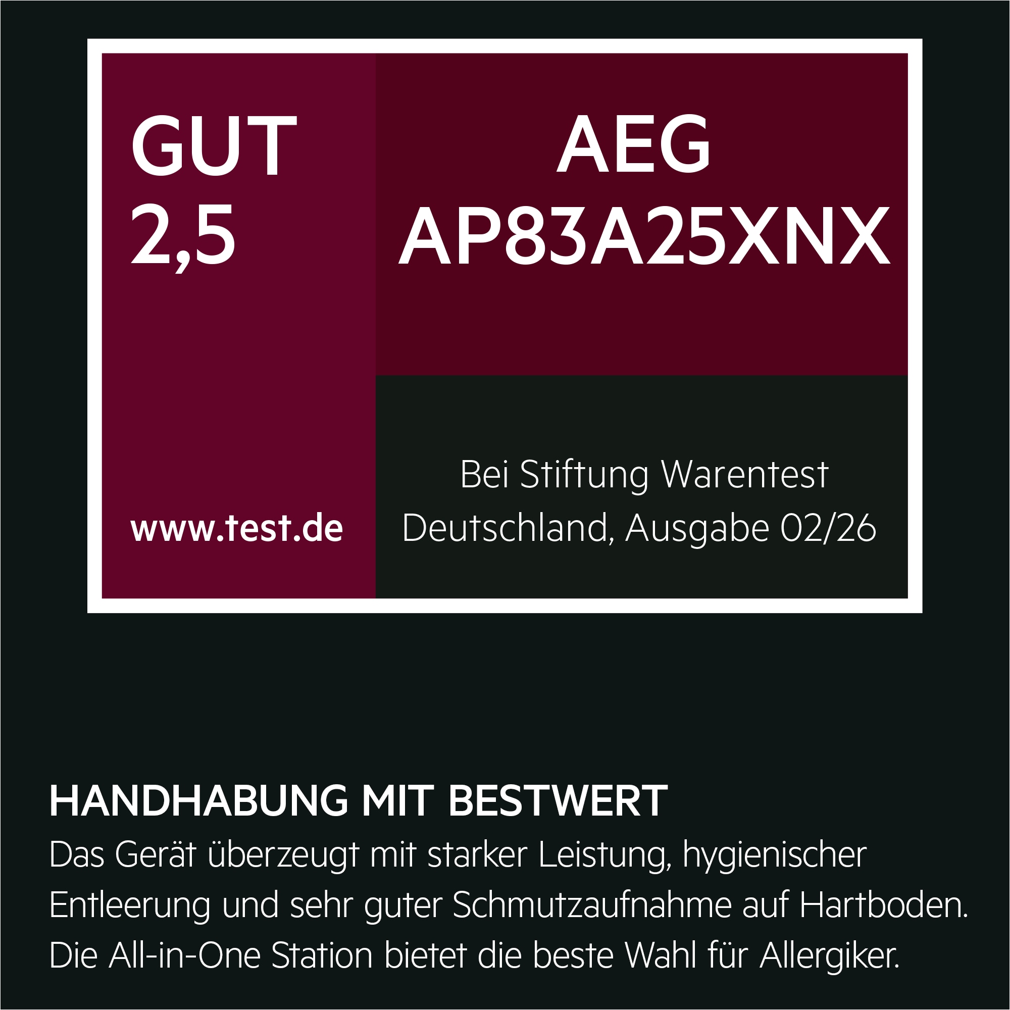 Logo mit Stiftung-Warentest Testergebnis aus Deutschland AEG AP83A25XNX, GUT (2,5) Ausgabe 02/2026 mit Produkttext zum AEG Backofen.