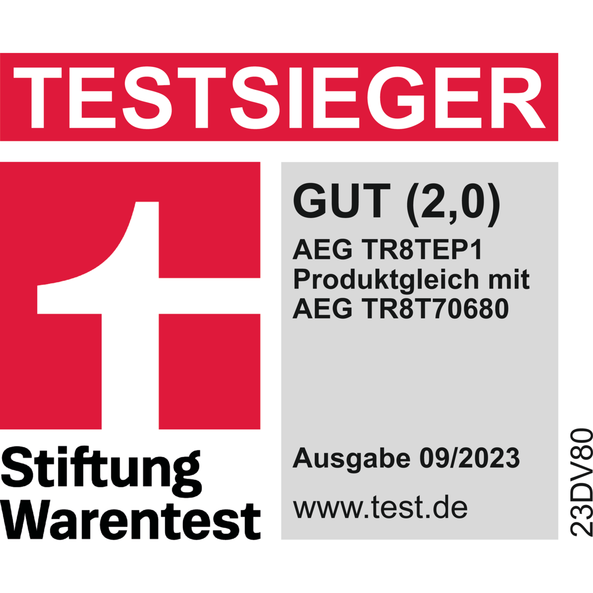 Testsieger-Logo von Stiftung Warentest für AEG TR8TEP1, GUT (2,0), Ausgabe 09/2023.