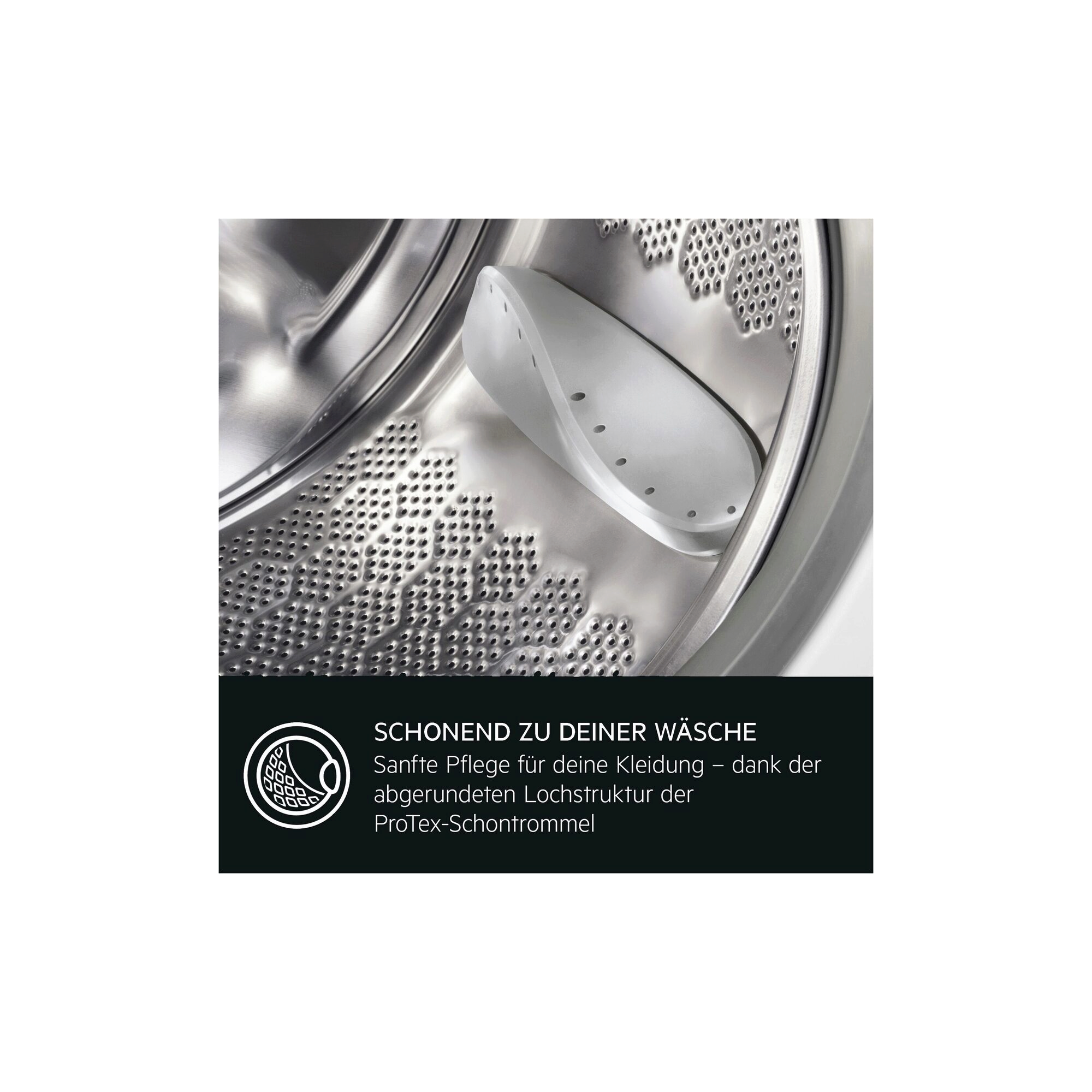 „Nahaufnahme einer AEG-Schontrommel mit ProTex-Design und gelochter Edelstahloberfläche.“