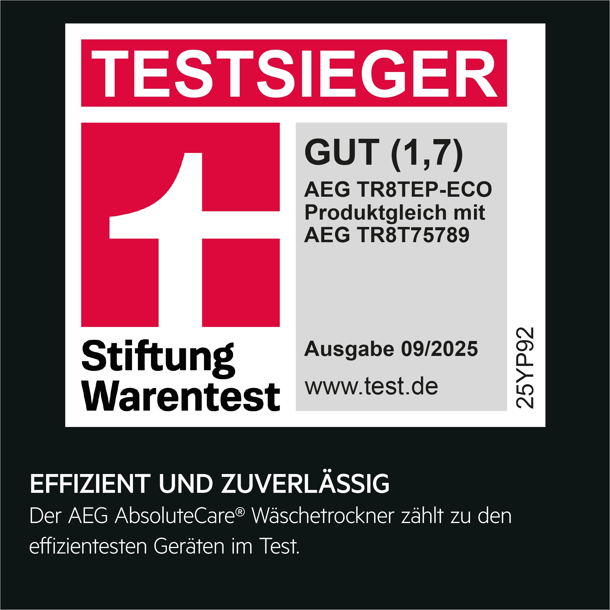 Testsieger Stiftung Warentest: AEG TR8TEP-ECO (baugleich mit TR8T75789), Note Gut (1,7), effizient und zuverlässig, Ausgabe 09/2025