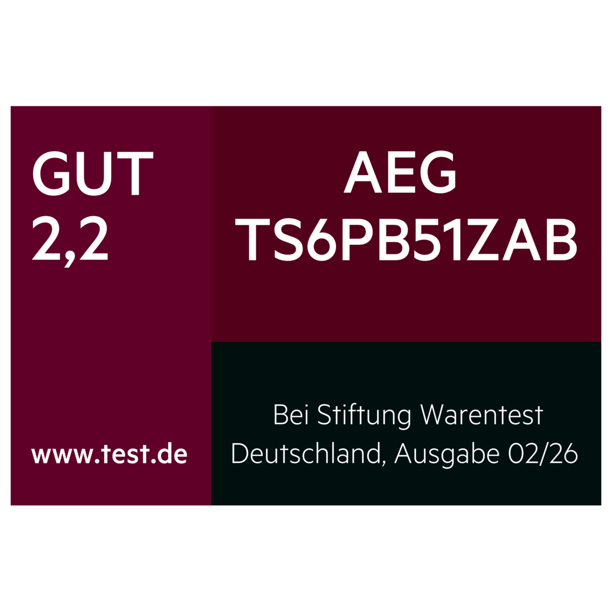 Logo mit dem Stiftung-Warentest Testergebnis aus Deutschland, GUT (2,2) für AEG TS6PB51ZAB, Ausgabe 02/2026.