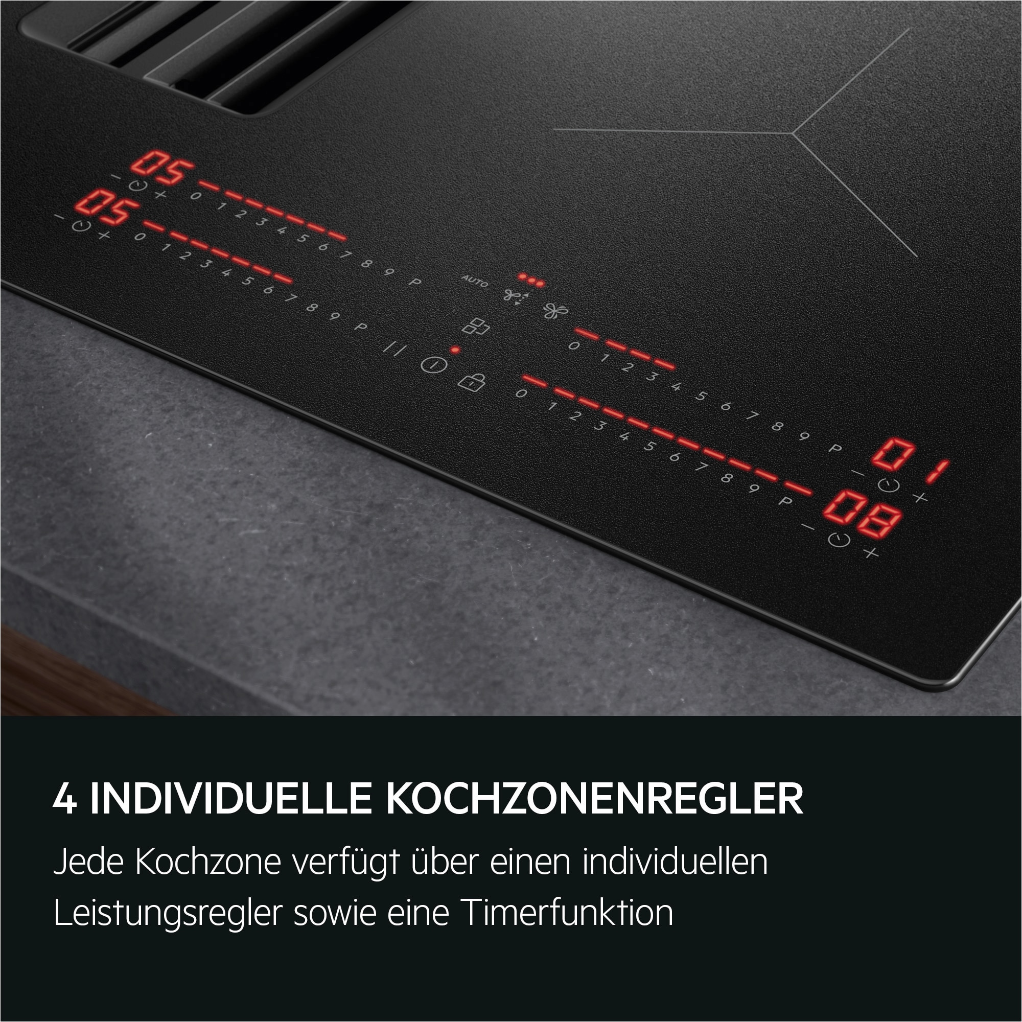 Nahaufnahme eines Induktionskochfelds mit vier getrennten Touch‑Leistungsreglern und roten LED‑Anzeigen.