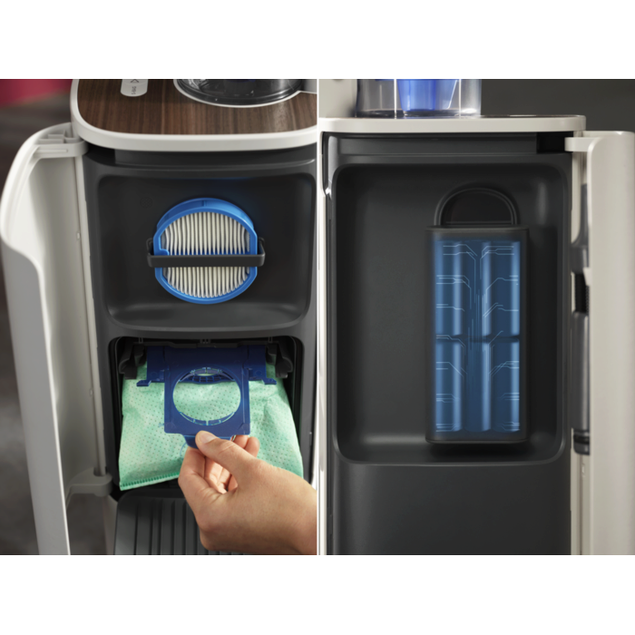 All -in-1 Station - stores extra battery charging, filter and hose for filter cleaning 