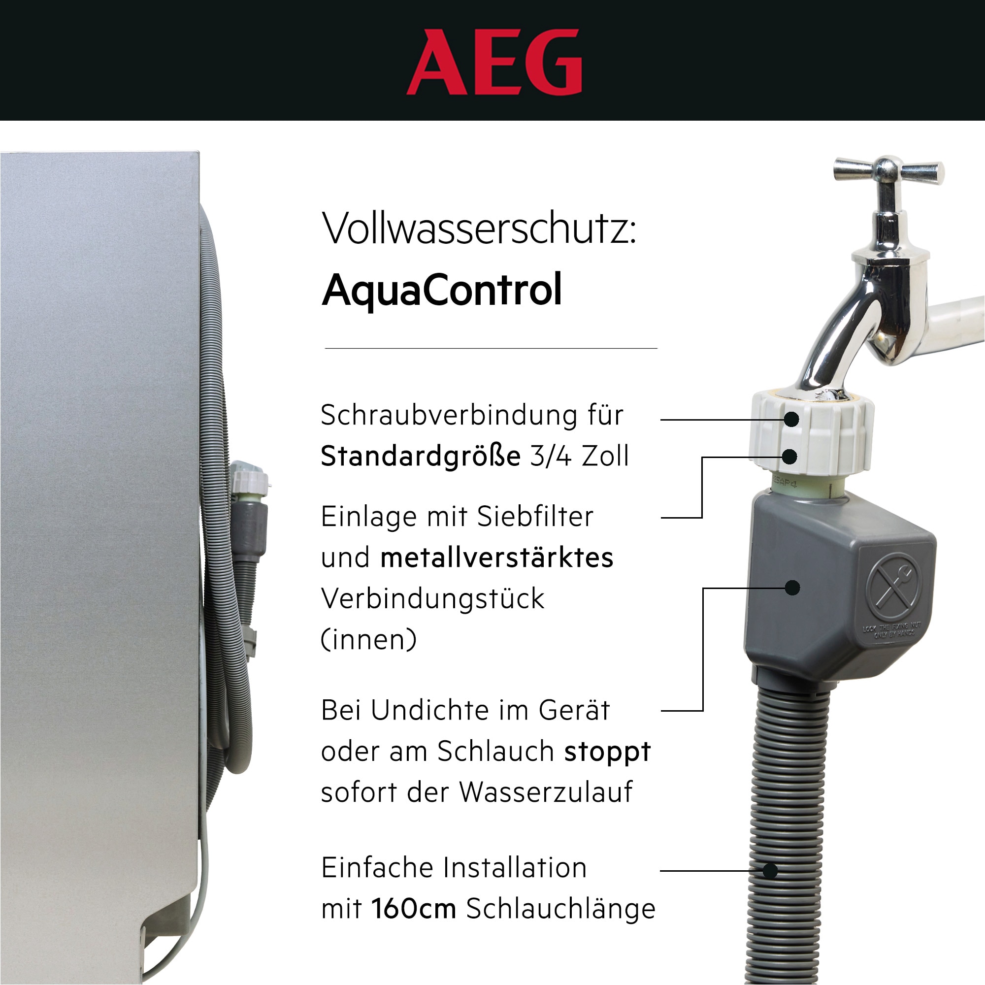 AEG AquaControl mit 160cm Schlauch und Sicherheitsstopp bei Undichte – Vollwasserschutzsystem.